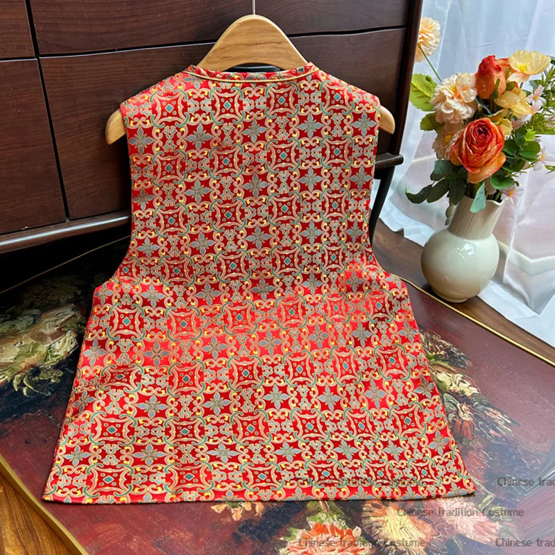 Vintage O-Neck Chinese Style Vest Silk Brocade Jacquard Hanfu Qipao Top Women Elegant Outwear Sleeveless Cheongsam Tang Clothes
