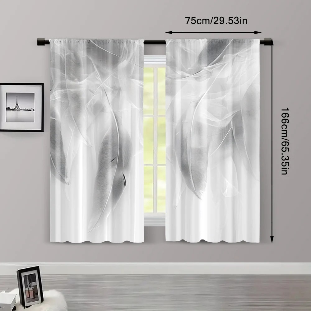 2pcs, Creative Curtains 2D print Gray & White Feather Print Polyester (without rod) Decorations For Home Perfect for Living 3