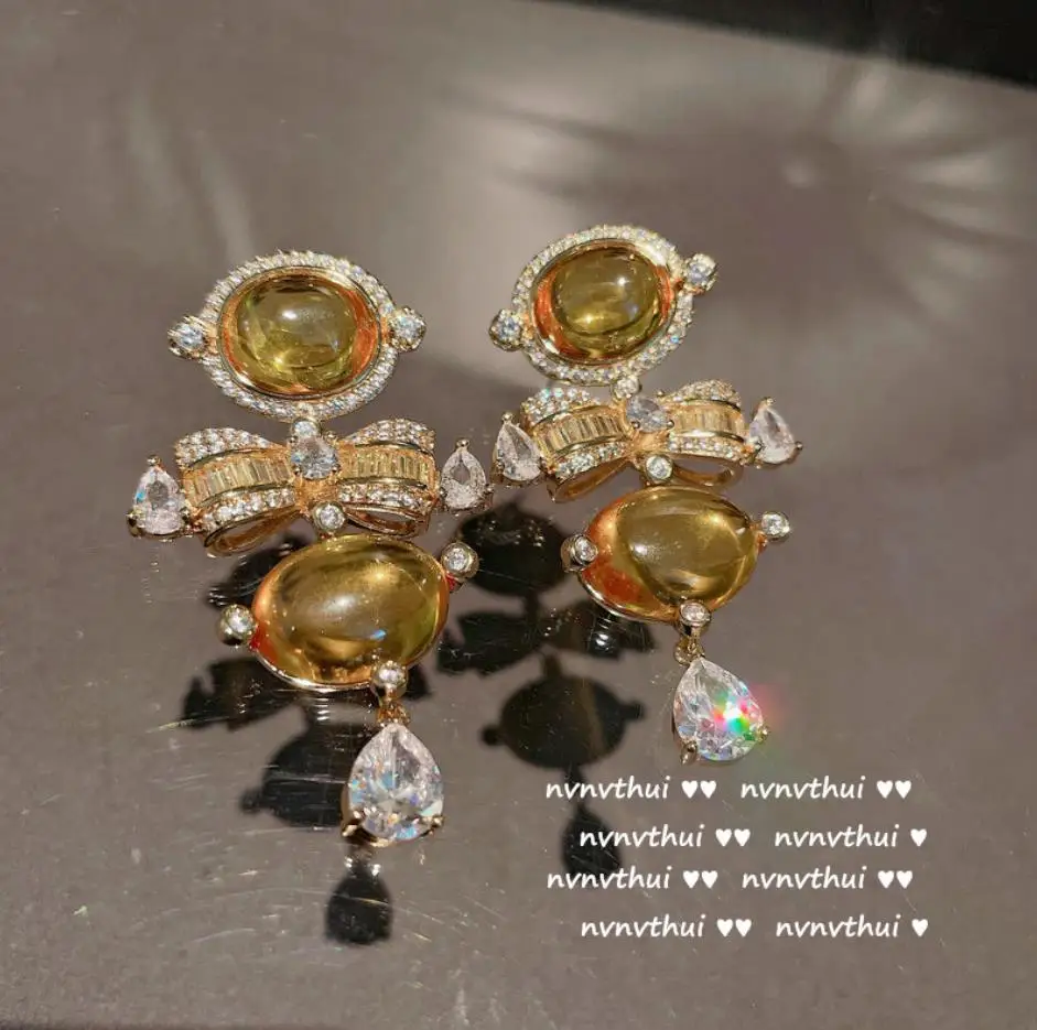 

Fringed women's yellow rhinestone love luxury exquisite geometric golden earrings bow vintage luxurious gorgeous eardrop