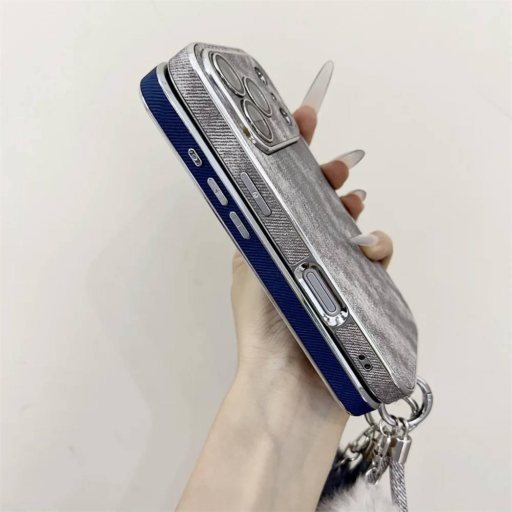 Luxury Jeans Denim Phone Case with Lanyard Wrist Strap and Matte Back Cover
