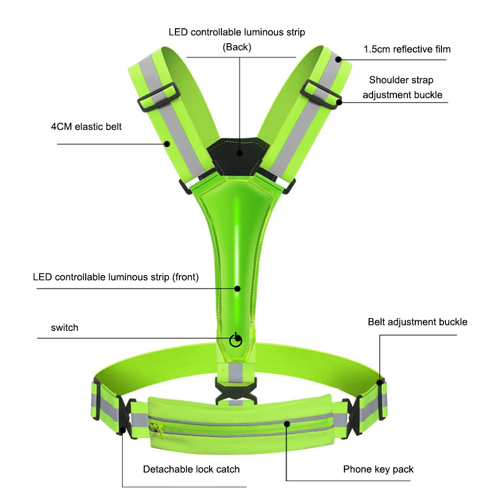 LED 반사 조끼 라이트 업 러닝 조끼, USB 충전식 사이클링 보안 조끼, 전화 가방 포함, 3 가지 조명 모드, 여성 남성 및 아동용