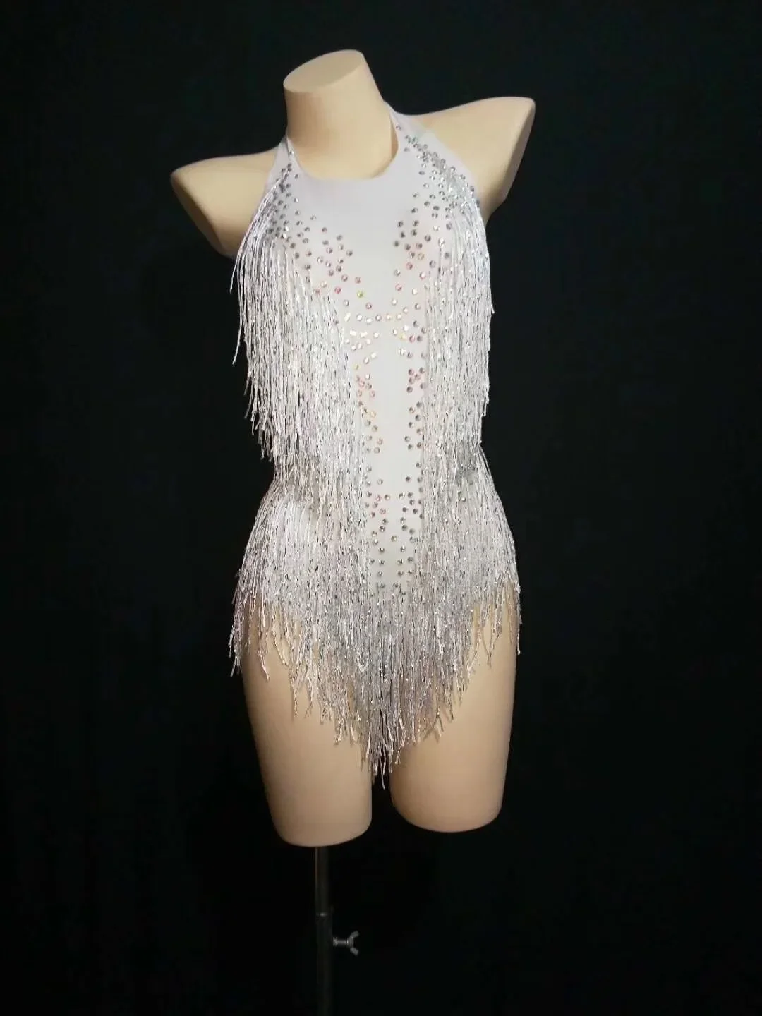 Dance dress Rhinestones dress latin women bodysuit singer white sparkly rhinestone tassel leotard nightclub jumpsuit dance DS show stage wear stretch outfit