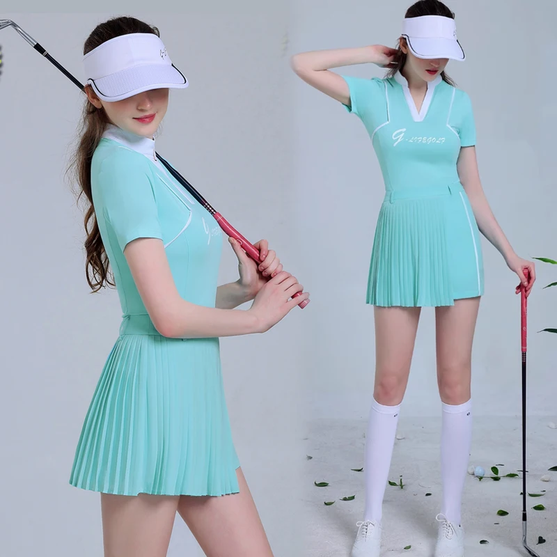 GLIFE golf ladies suit slim-fit breathable top clothing set women short sleeve v-collar t-shirt high-waisted pleated skort