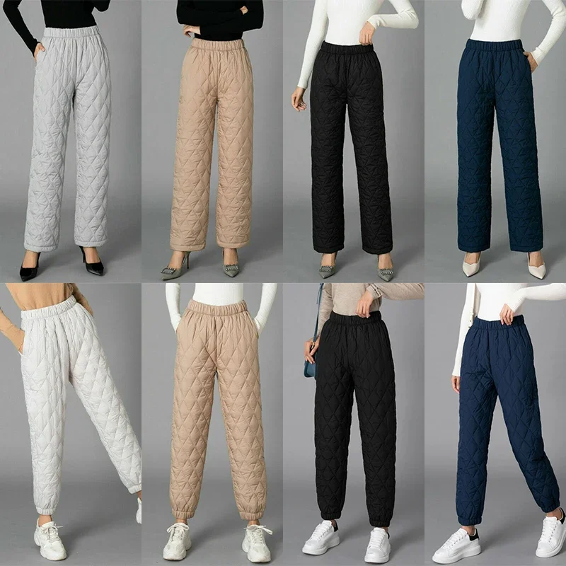 Women Winter Warm Down Cotton Pants Padded Quilted Trousers Elastic Waist Casual Trousers Outwear Thick Warm Cotton Pants