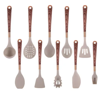 Kitchen Utensils Silicone Cooking Utensils Kitchenware, Gold-plated Wood Grain Handle, Spatula, SpoonsCooking Pots Set 5