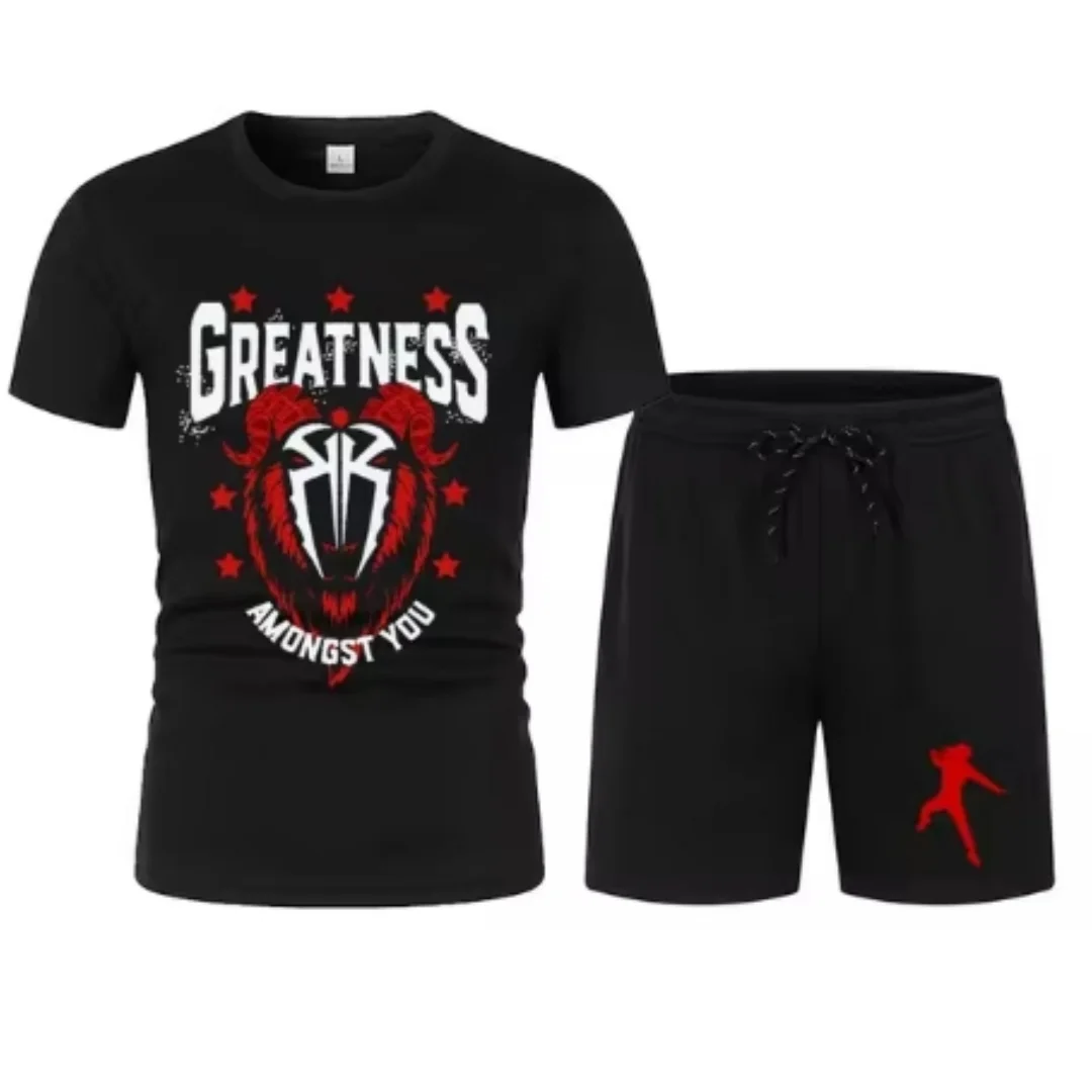 Men's Black Roman Reigns Levels Above T-Shirt Shorts Set Summer Short Sleeve Man Overiszed Suits 2024 New Fashion Clothing Sets 2