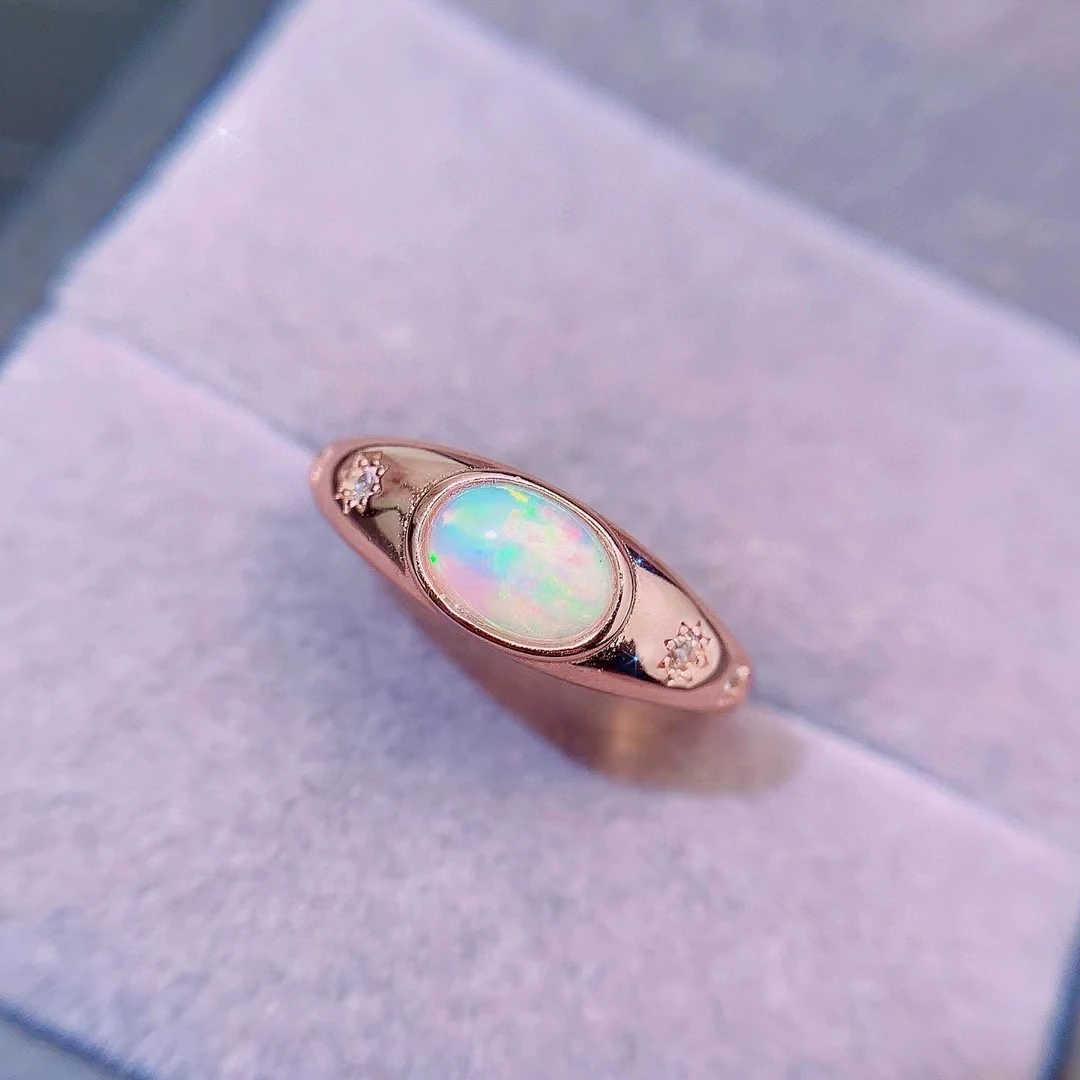 Solid 925 Silver Opal Ring for Daily Wear 5mm*7mm Natural Australia Opal Ring with 3 Layers 18K Gold Plating Keep Shining