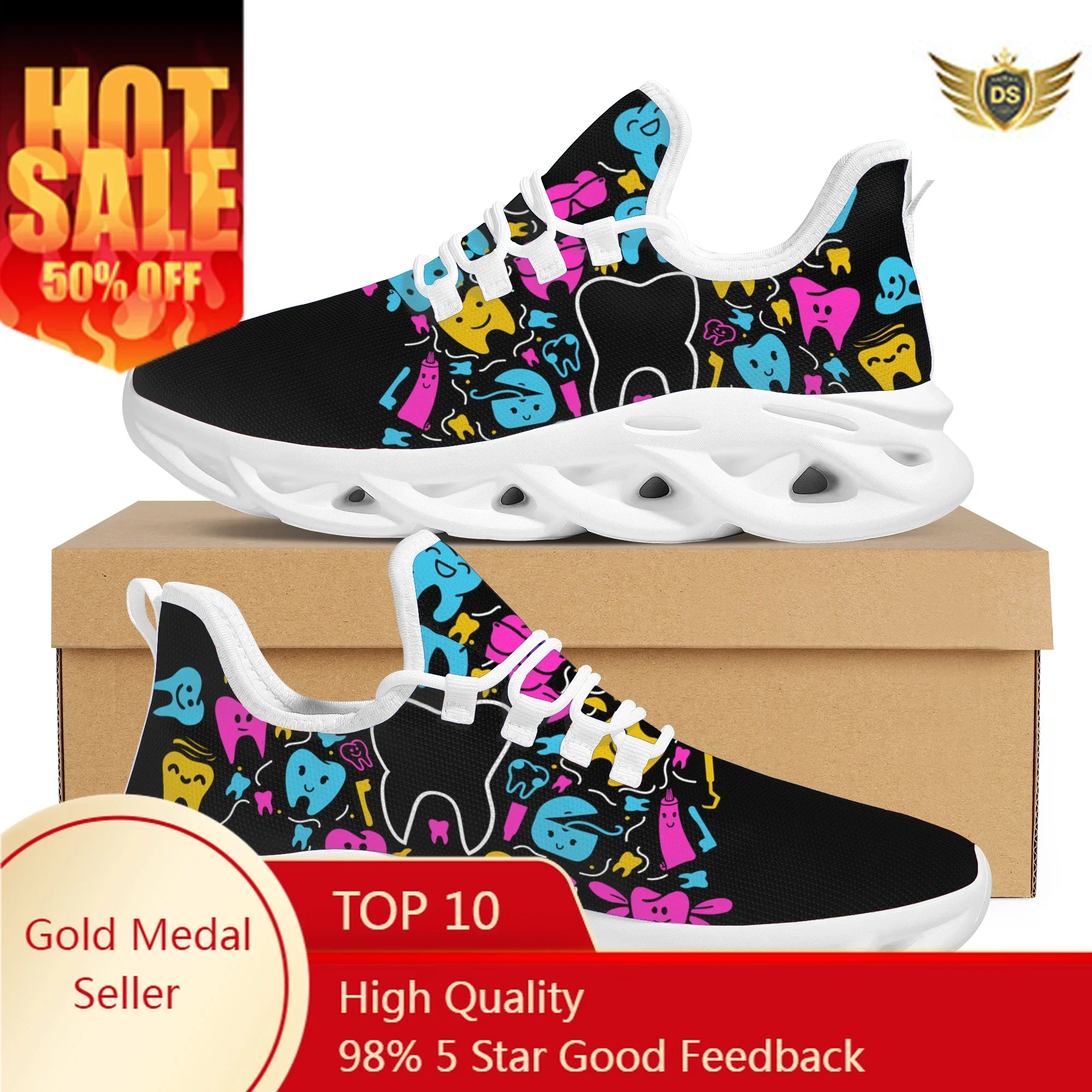 Outdoor Non-slip Lace-Up Nursing Shoes Dental Pattern Cozy Light Breathable Running Shoes Dental Design Ladies Flat Sneakers