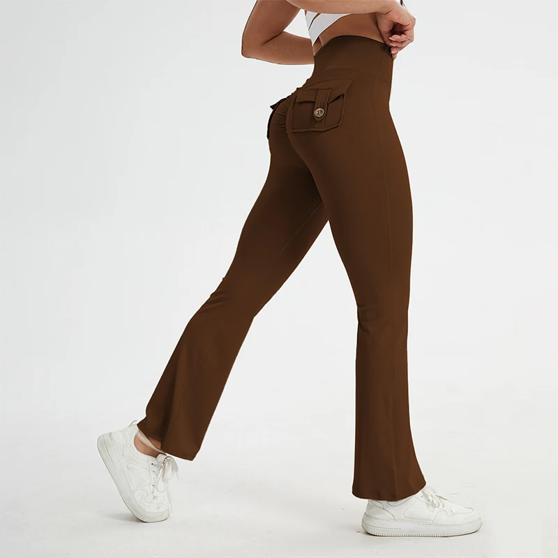 Damen Schlaghosen für Yoga, Frühjahr 2026 Neuheit, Cargo-Leggings mit Taschen, Po-Lifting-Effekt, Weite Beine, Sport-Leggings – Detail 14