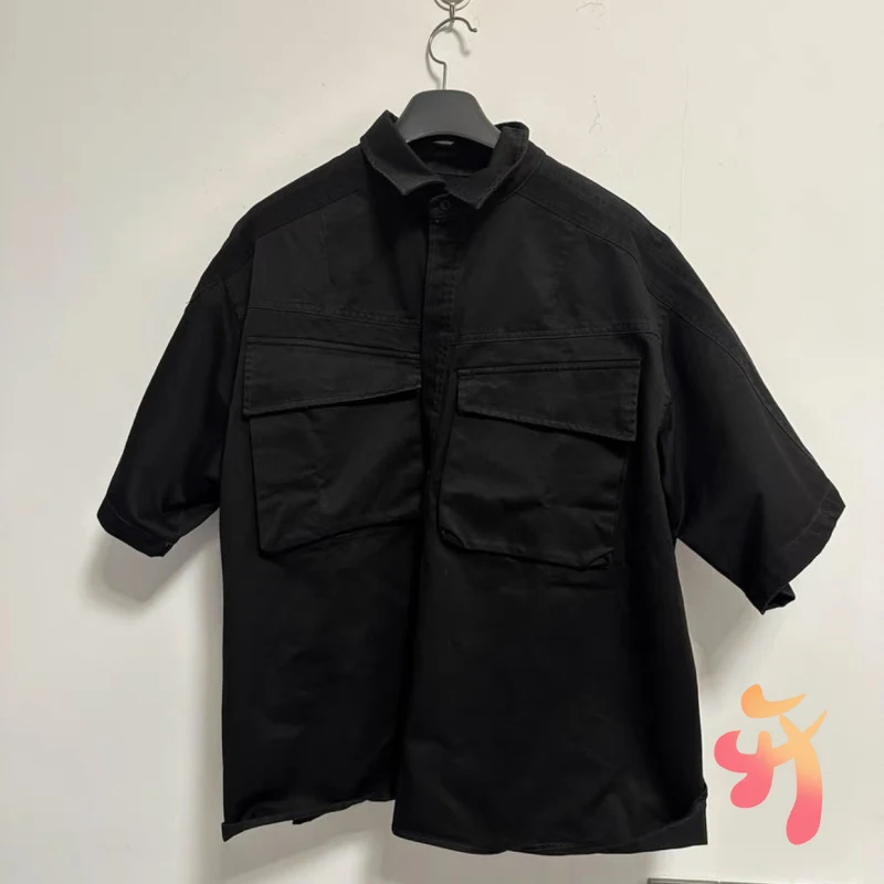 

24ss FAR ARCHIVE Shirt High Street Blank Black Heavy Industry Lapel Double Pocket Work Shirts Men Women Cleanfit Short Sleeve