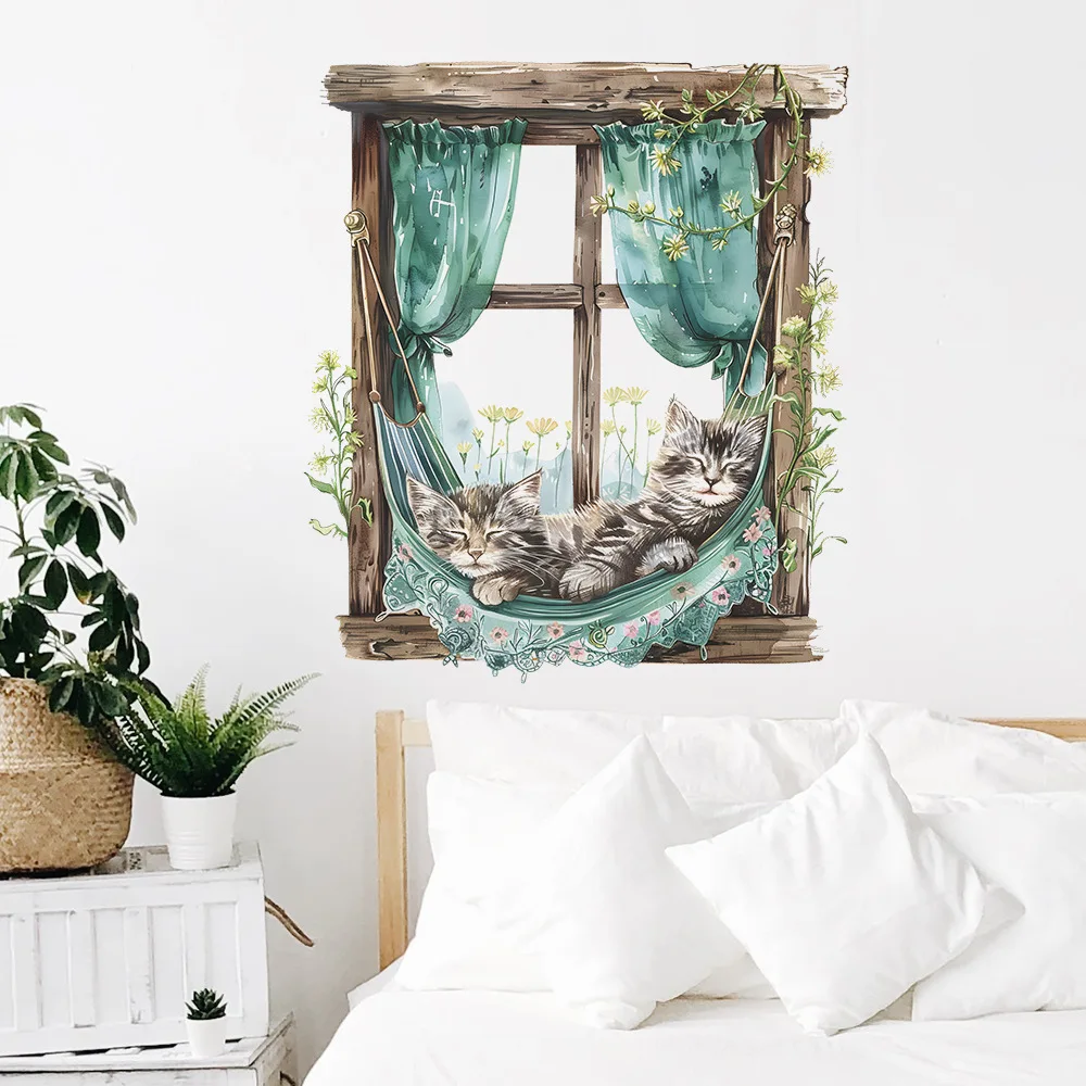 Wall Stickers 2pcs Creative Fake Window Cartoon Kitten