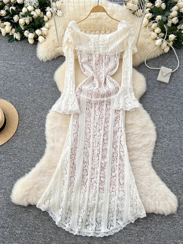 Floral Lace Off-shoulder Chic Maxi Evening Dress Women White Strapless  Backless Long Sleeve Bodycon Club Party Sexy Long Dress - AliExpress  200000345