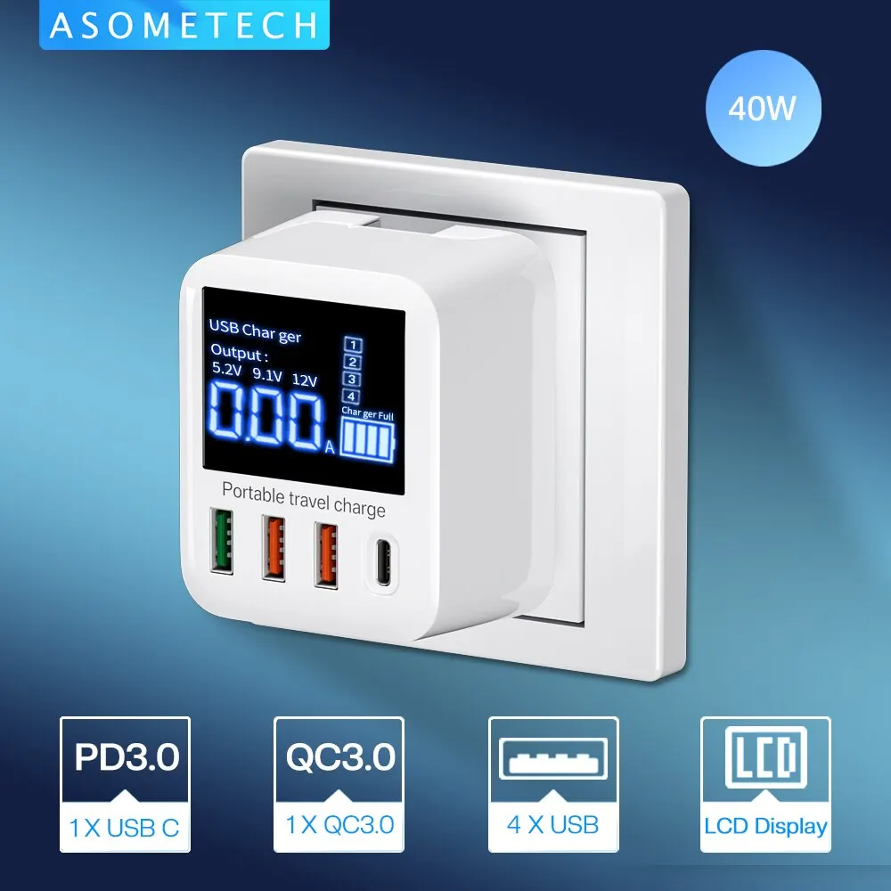  ASOMETECH 40W USB Wall Charger 4 Port With LED Display QC3.0 PD3.0 USB Fast Charger For iPhone 14 Huawei Xiaomi Samsung 