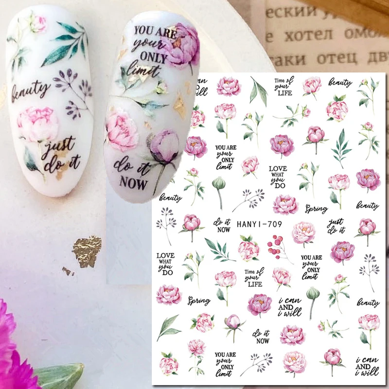 Nail Art 3d Adhesive Sliders Stickers Pink Peony Froals Flowers Buds Letters Decals Nail Decoration Salon Beauty 1pc iridescent 3d butterfly nail art stickers adhesive sliders colorful diy golden nail transfer decals foils wraps decoration