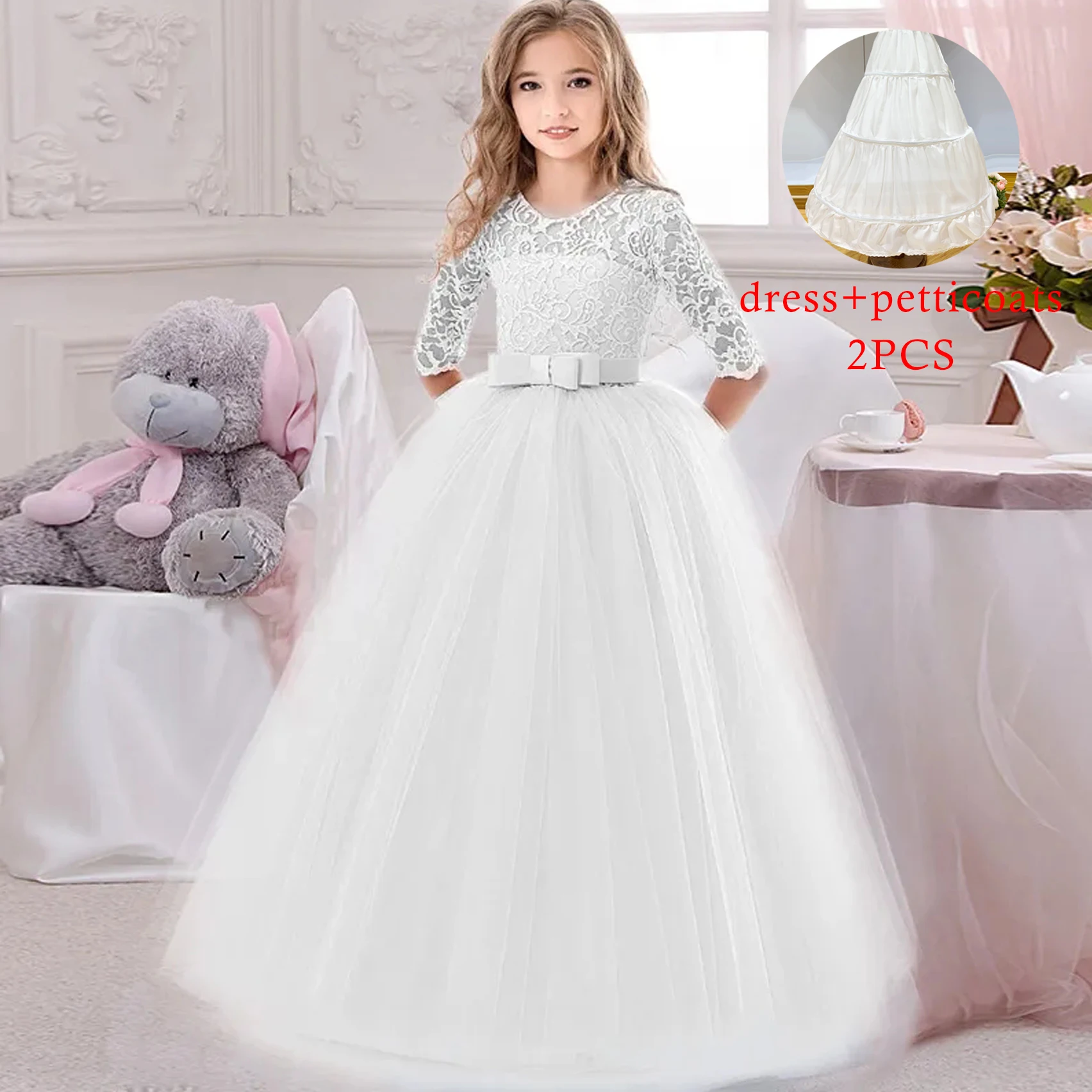 Teens White Lace Princess Bridesmaid Party Dresses Kids Dress