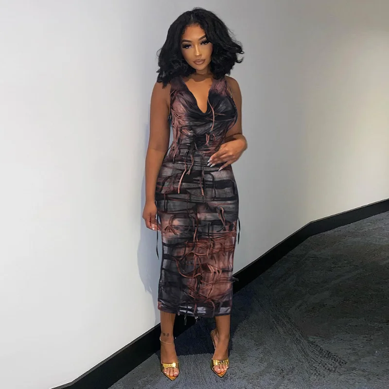 

Tie Dye Beggar Tassel Slit Hooded Maxi Dress Women Personalize Deep V Pile Neck Sleeveless High Waist Hip Wrapped Street Dresses