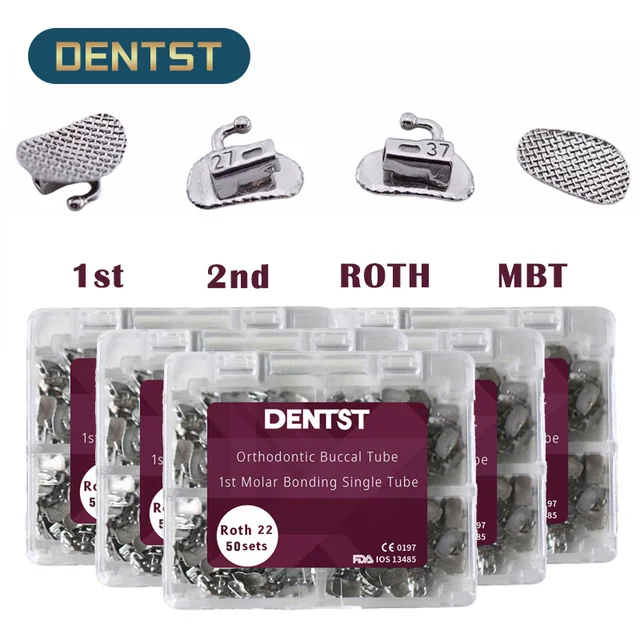 50Sets/200pcs Orthodontics Dental 1st 2nd Molar Bondable Buccal Tubes Non-Convertible Mesh Base Single Tube Roth MBT 0.022