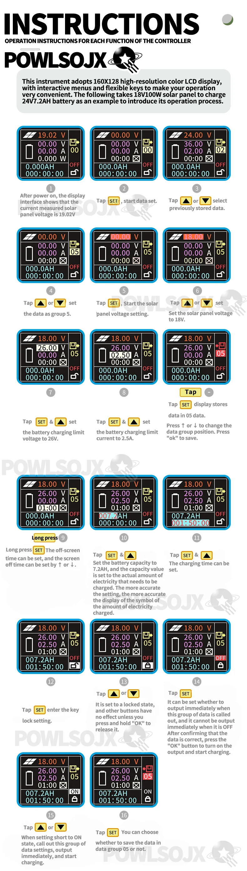 Description Picture 4 of itemPowlsojx MPT-7210A 24V/36V/48V/60V/72V MPPT Solar Battery Charger Panel Digital Charge Controller 10A Boost Voltage Module 600W