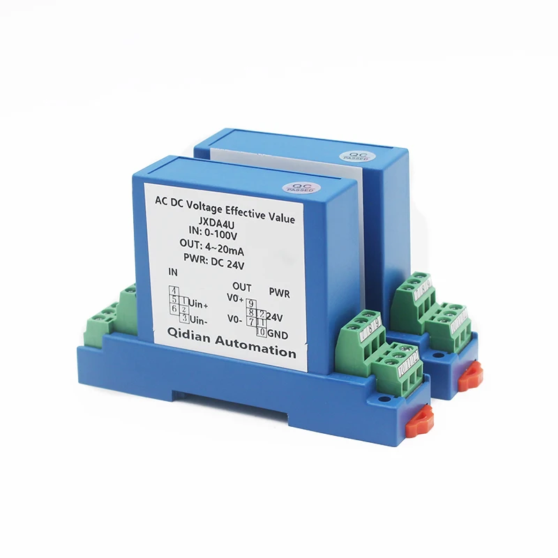 QD factory DC Voltage Transmitter 5V/10V/50V/100V/200V/500V/1000V Transducer input 4-20mA 0-10V output DC24V power supply |