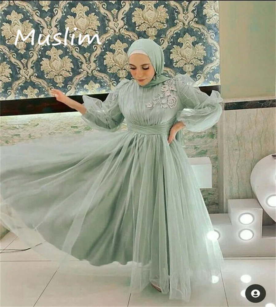 

Modest Sage Muslim Evening Dress 2023 Long Sleeve Appliques Lace Abaya Prom Dresses A Line Tulle Formal Occasion Party Gowns