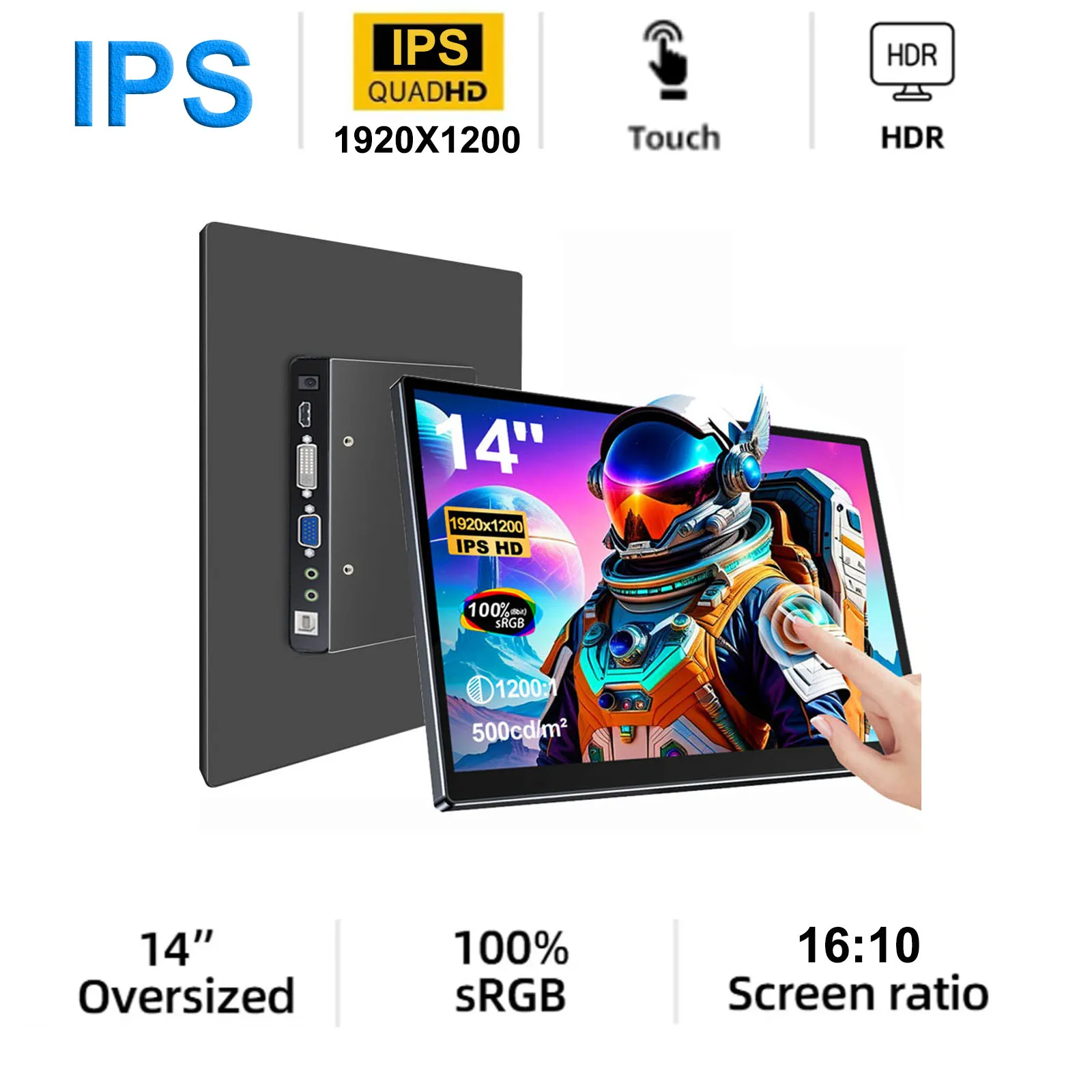 14인치 1920*1200 휴대용 모니터 400cd/m² 60HZ 16:10 노트북, Xbox, PS4/5, 스위치, 휴대폰, PC, 컴퓨터 확장, 사무용