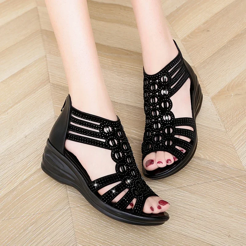 Crystal Sandals Women Wedges Comfortable High Heels Hollow Out Zipper Sandals Flat Stylish