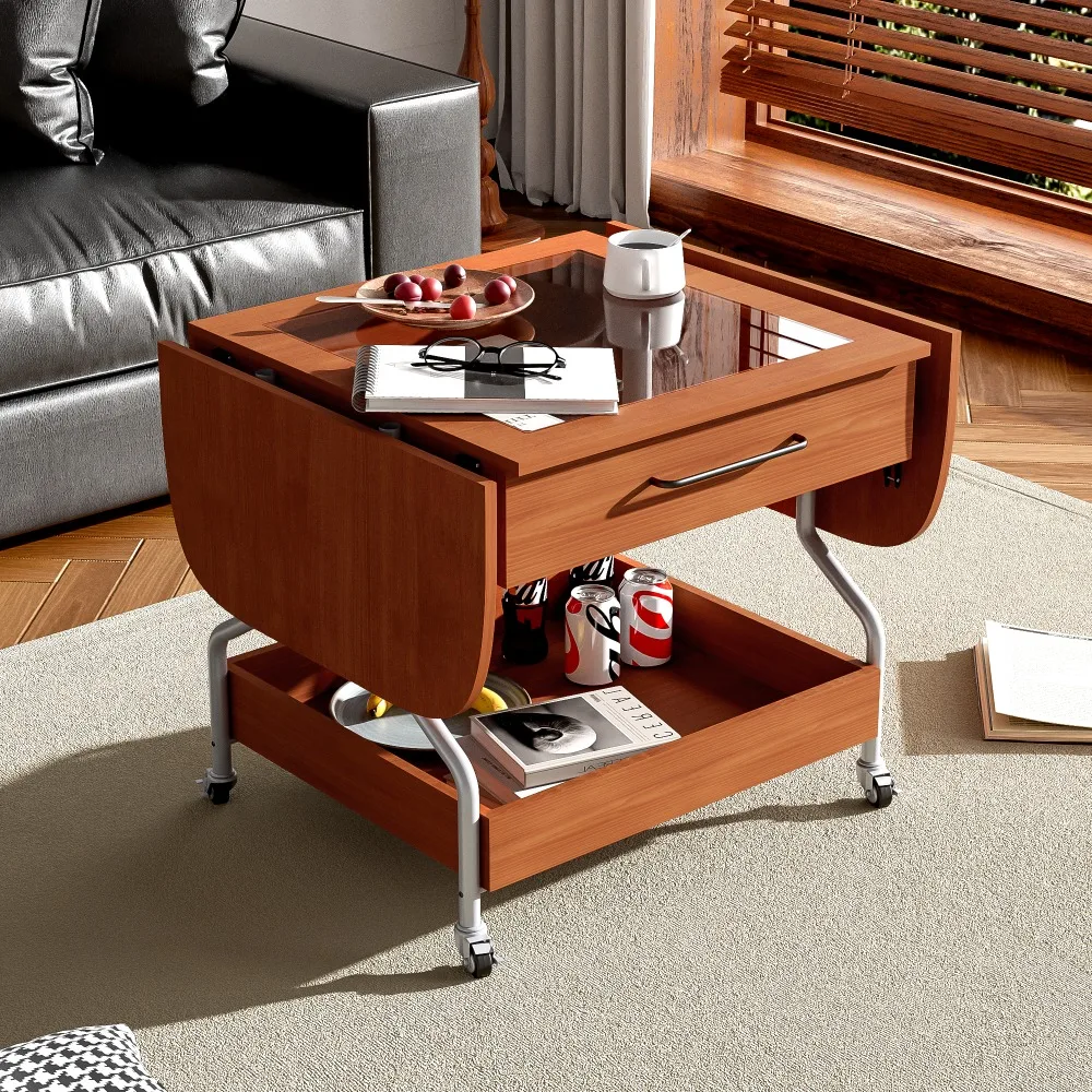 Modern Extended Coffee Table with Wheels, Folding Coffee Table with 1 Drawer and 2-Tier Storage, Metal Frame Coffee Table 3