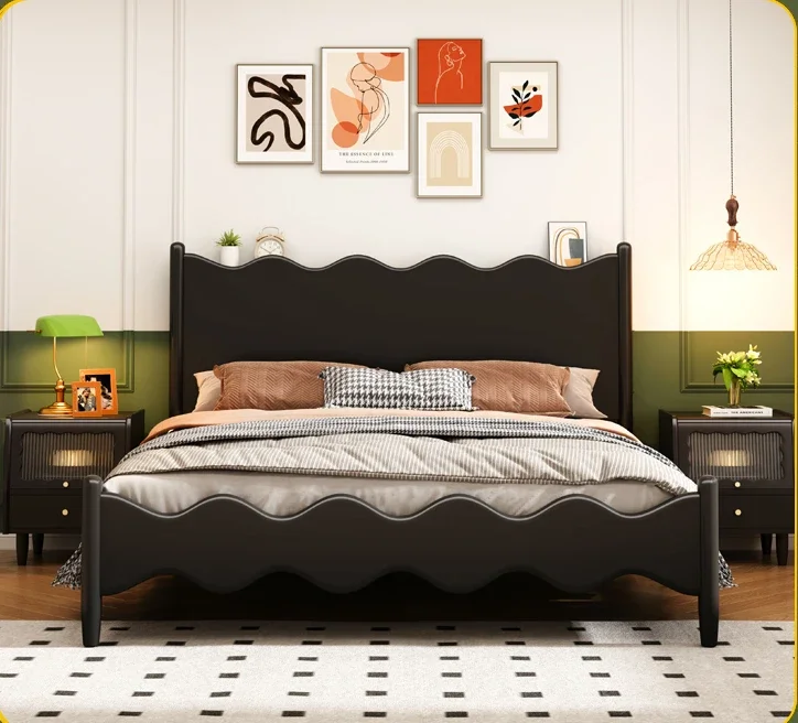

Solid wood double bed frame, antique black single American style wooden bed