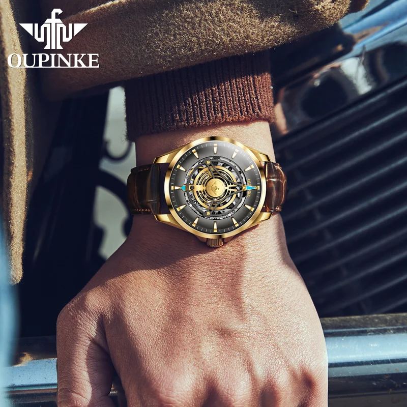 OUPINKE 3206 Automatic Mechanical Watch For Men Hollow 40mm Dial Original Hand Clock Synthetic Sapphire Mirror Man Watches