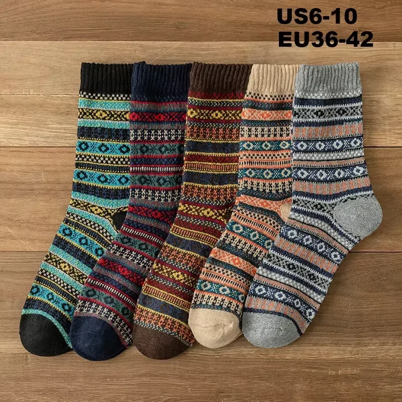 5 Pairs Women's Thermal Wool Socks - Autumn Winter Collection, Retro Nordic Style