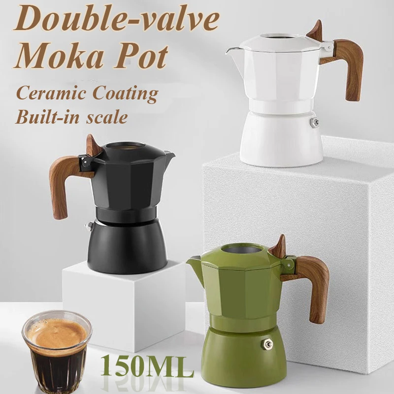 150ML Double-valve Moka Pot With Vintage Wooden Handle Espresso Maker Brewing Coffee Italian Cafe Pot Kitchen Cafe Accessories espresso coffee maker,coffee maker,coffee pot,espresso maker,coffee maker accessory