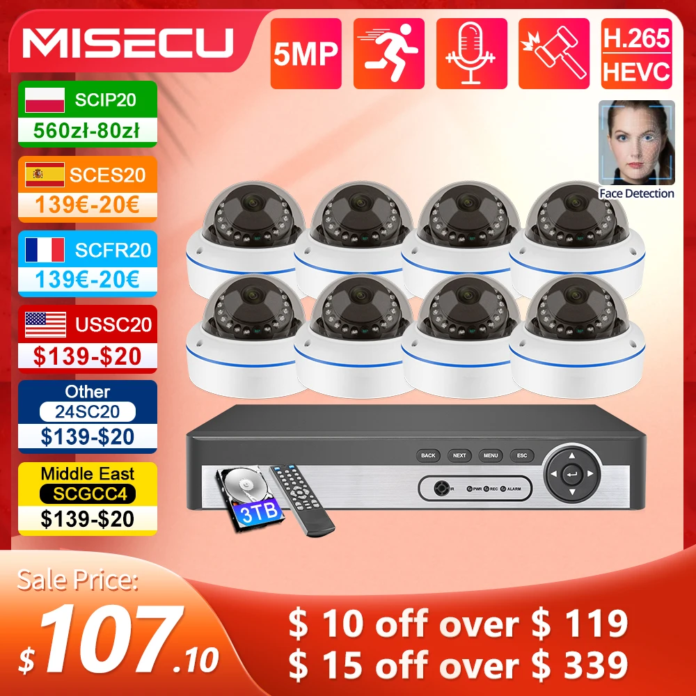 MISECU 8CH 5MP POE Dome Security Camera System IP Camera Vandal-proof Indoor Home CCTV Video Record Surveillance Protection Kit