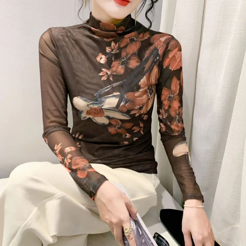 

#8777 Turtleneck T Shirt Women Flower Printed T Shirt Long Sleeve Floral Printed Mesh Skinny T-shirt Female Sexy Office Vintage