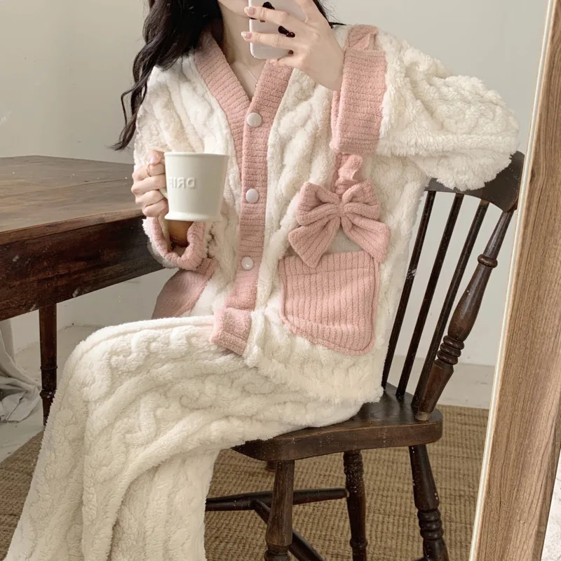 2pcs Pajamas Set Women Flannel Fleece Autumn Cartoon Warm Pijamas Long Sleeved Sleepwear Winter Fashion Woman Loungewear Pyjamas
