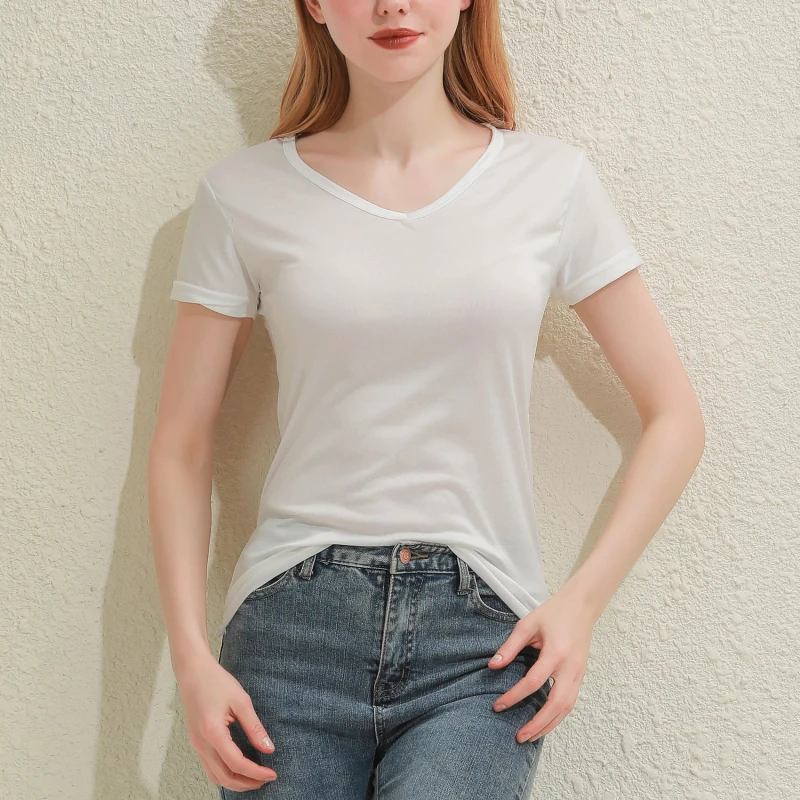Solid Women T-shirt V-Neck Short Sleeve Female Tee Slim White And Balck T-Shirt Casual Solid Lady Tshirt Tops
