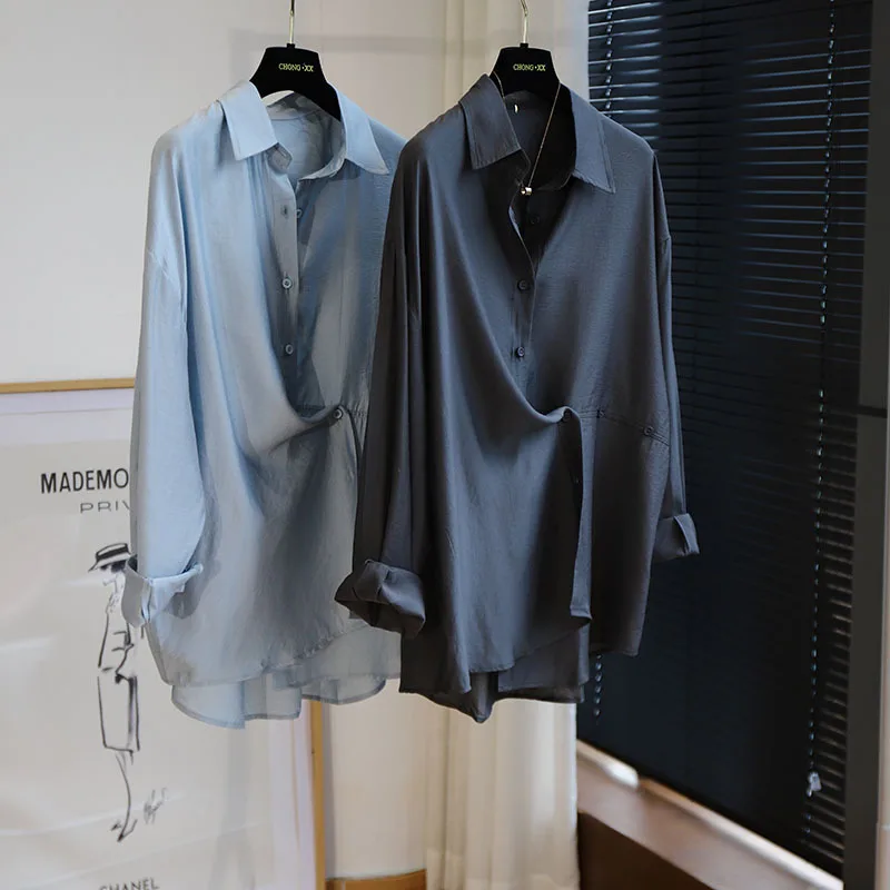 

Women's Spring New Small Market Design Sense High Grade Lightweight Tencel Casual Versatile Slim Two Wear Polo Neck Shirt