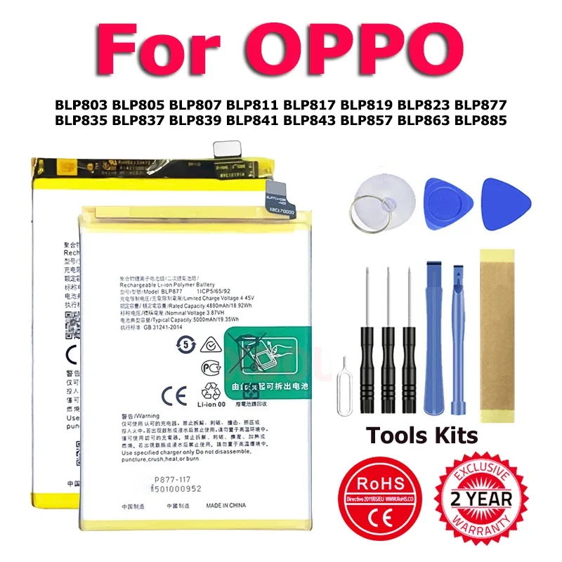 

XDOU BLP837 BLP857 Battery For OPPO K7X K9 A53 A32 A15 A35 A76 A94 S Realme 8 8i C17 7i Q2 V5 GT Reno 5 6 6Z Lite Pro + Tool Kit