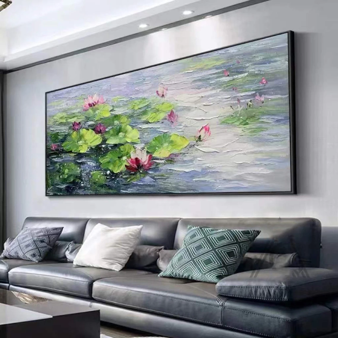 

Hand Painted Oil Painting Water lilies Handmade Paintings On Canvas Art Texture Lotus Pond Large Wall Art Home Decor Bedroom Art