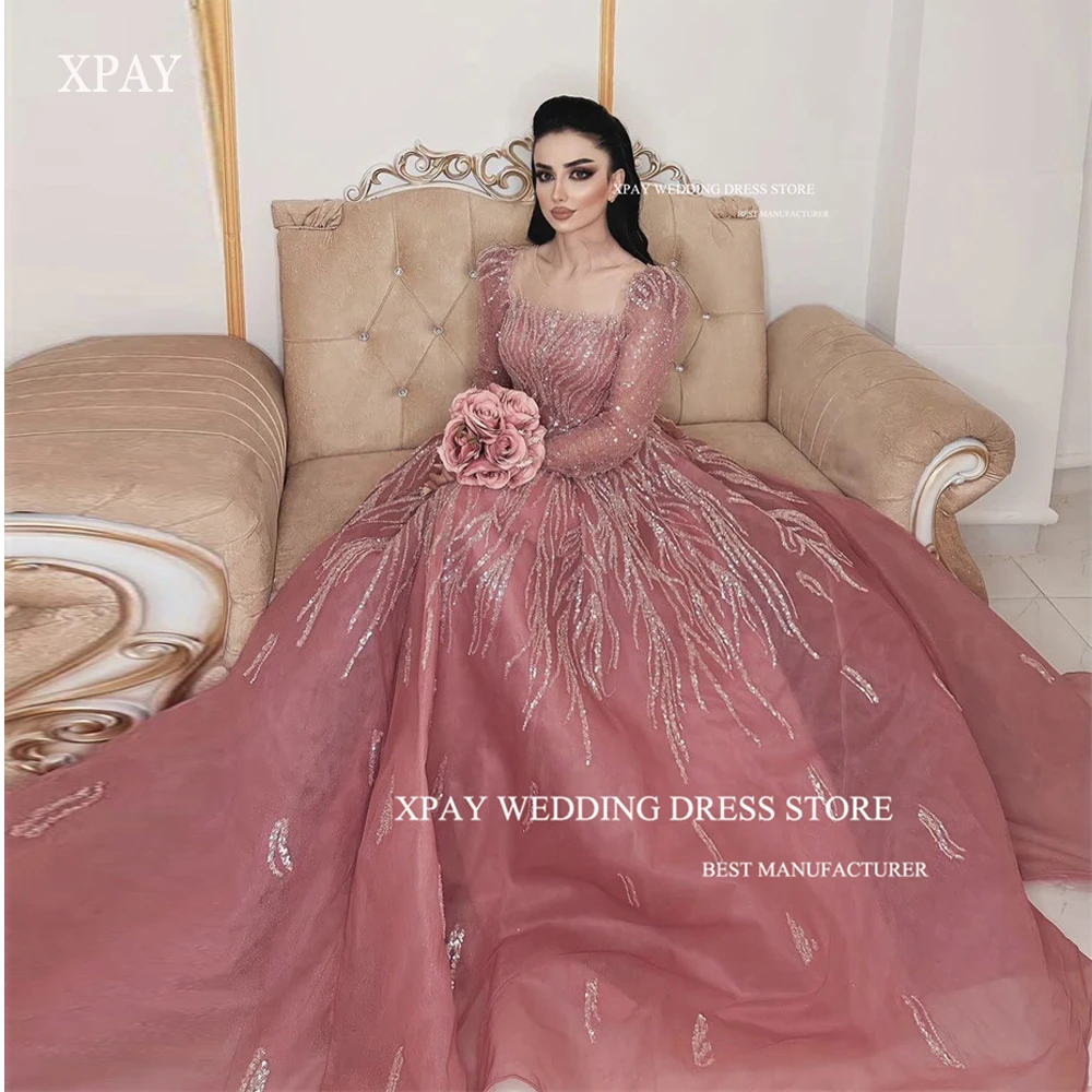 

XPAY Luxury Glitter Blush Pink Lace Tulle Evening Dresses Dubai Arabic Women Long Sleeves Sparkly Prom Gowns Wedding Party