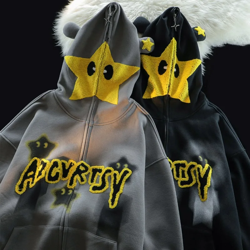 

Y2k Zip Hoodie American Retro Star-eared Sweater Hoodies For Men And Women Street New Loose Trendy Couple Hooded Streetwear