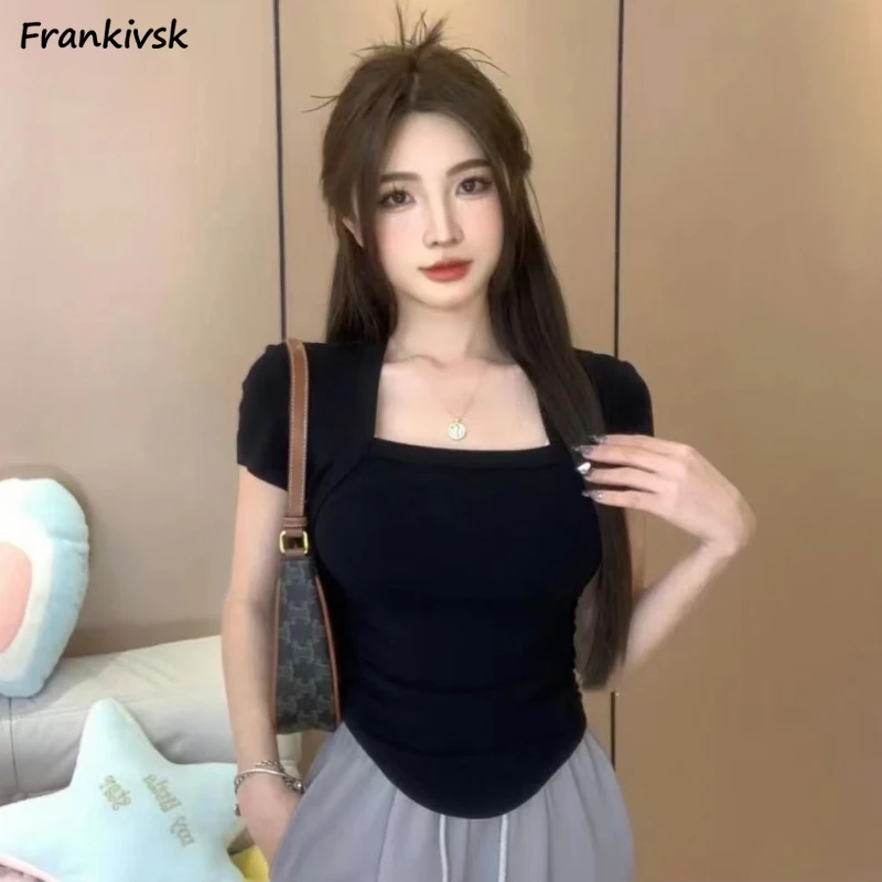 

All-match Tees Women Summer Korean Style Slim Square Collar Fashion Streetwear Elegant Harajuku Y2k Simple Solid Stretchy Casual