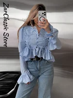 Chemisier plissé à volants pour femme, style urbain, uni, à simple boutonnage, manches longues, coupe courte, nouvelle collection printemps décontractée 6