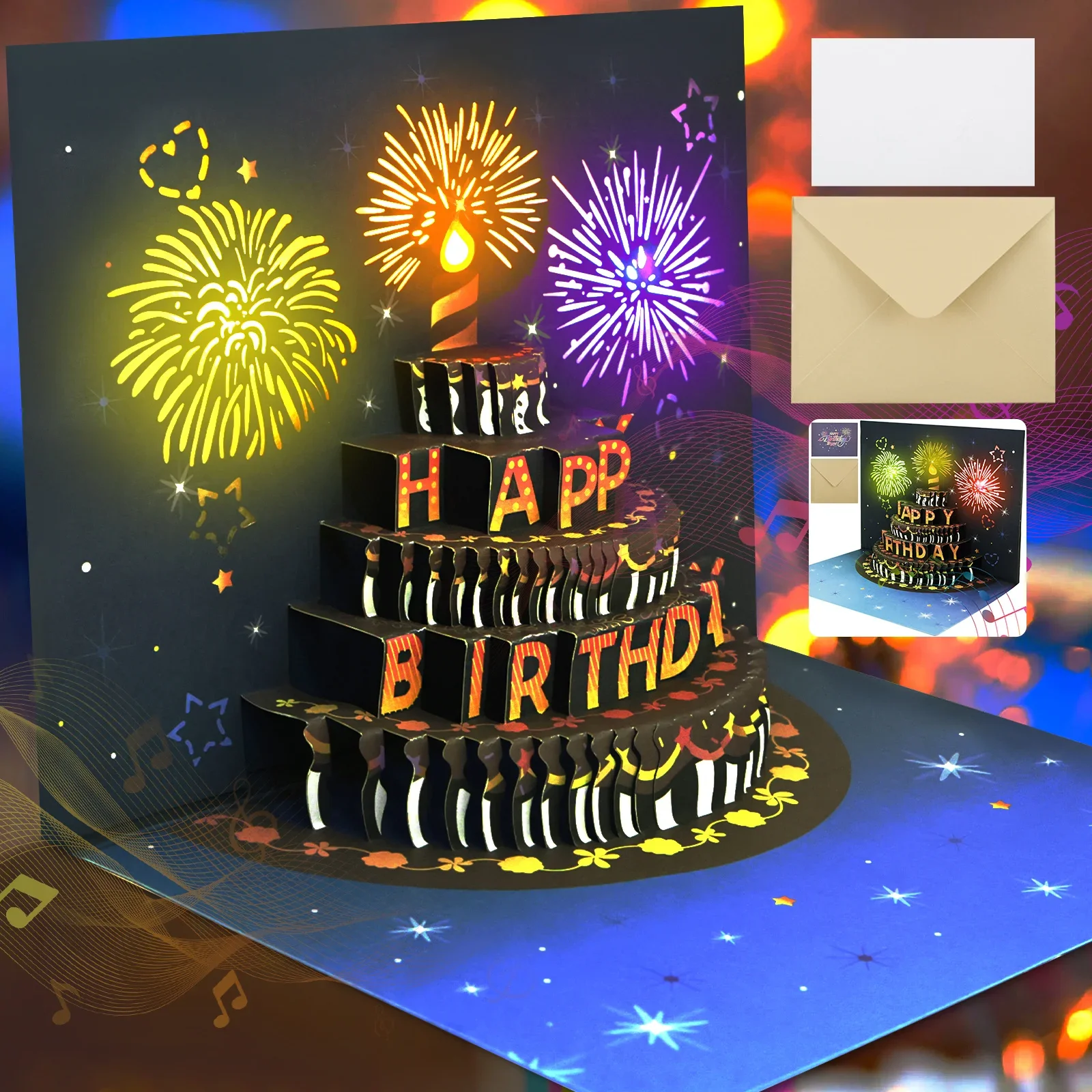 Birthday Cards Lights and Sound Pop up 3D Pop up with Envelope Happy Birthday Card Fireworks Greeting Cards
