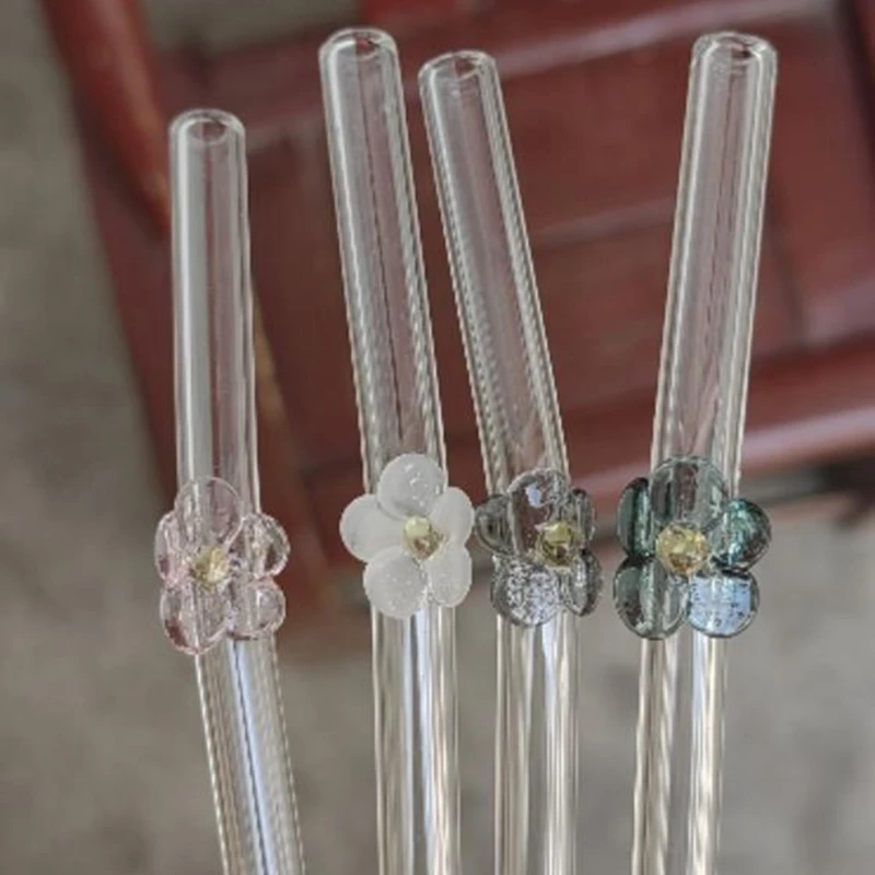 8PCS Colored flowers Drink Straws Reusable with Brush Drinking Straws Suitable for Beverage Coffee and Cocktails Drinking