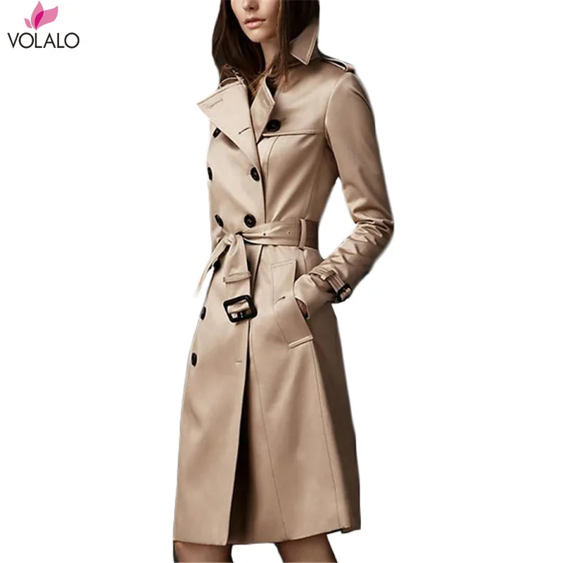 

VOLALO Trench Coat Women 2024 New Autumn Khaki Black And Wine Red S-2XL Double-breasted Long Slim Windbreaker Feminina