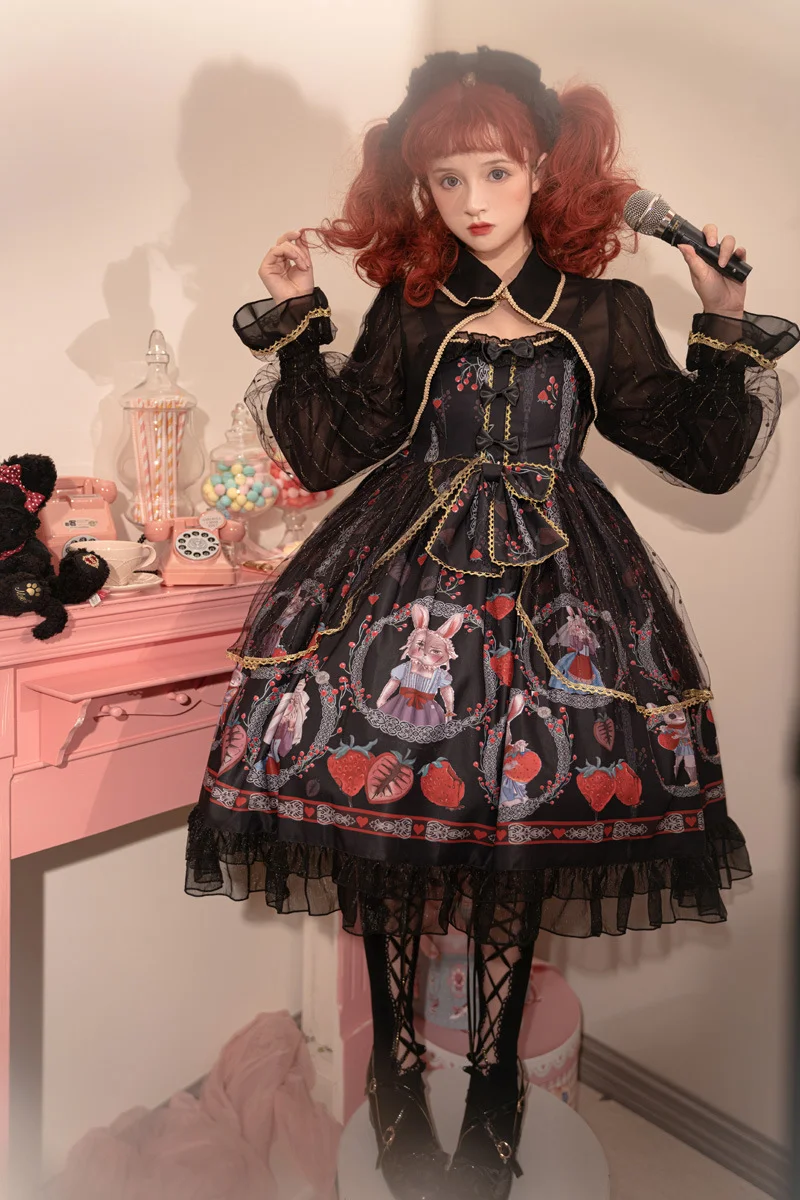 

Black Gothic Lolita Dark Wind Jsk Soft Sister Dress Strawberry Sweet Cute Kawaii Dress Fairy Medieval Dress Goth Lolita Y2K