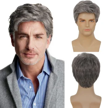Parrucca Corta Grigia da Uomo, Sintetica, per Costume di Halloween, Morbida, a Strati, Effetto Naturale (Grigio)