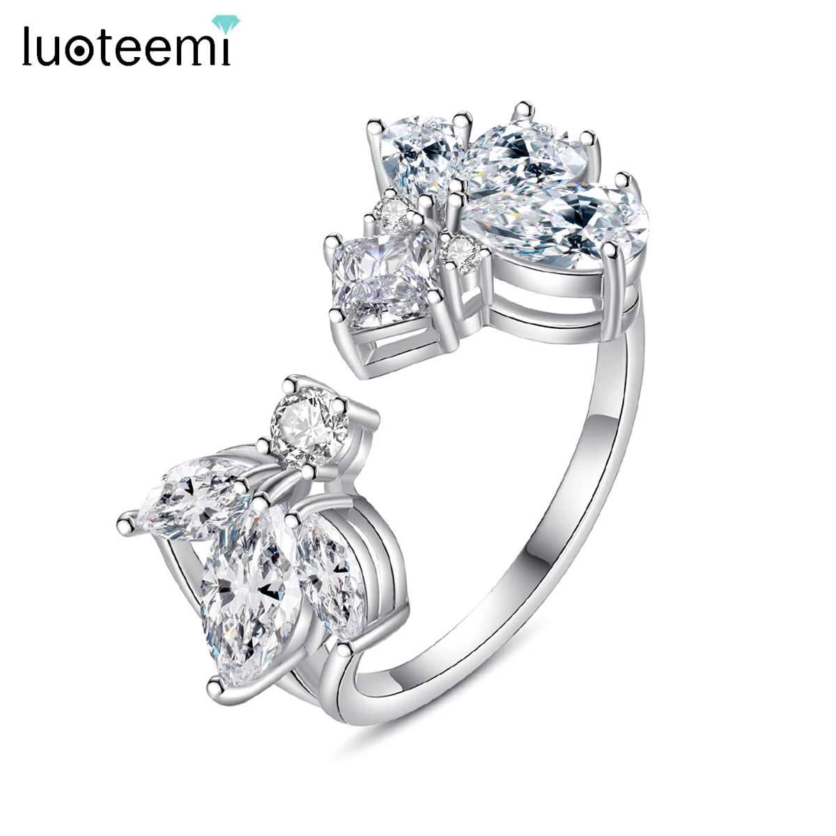 LUOTEEMI Unique Design Cubic Zirconia Finger Rings Adjustable Leaf Shape Clear CZ Jewelry for Bridal Wedding Party Accessories