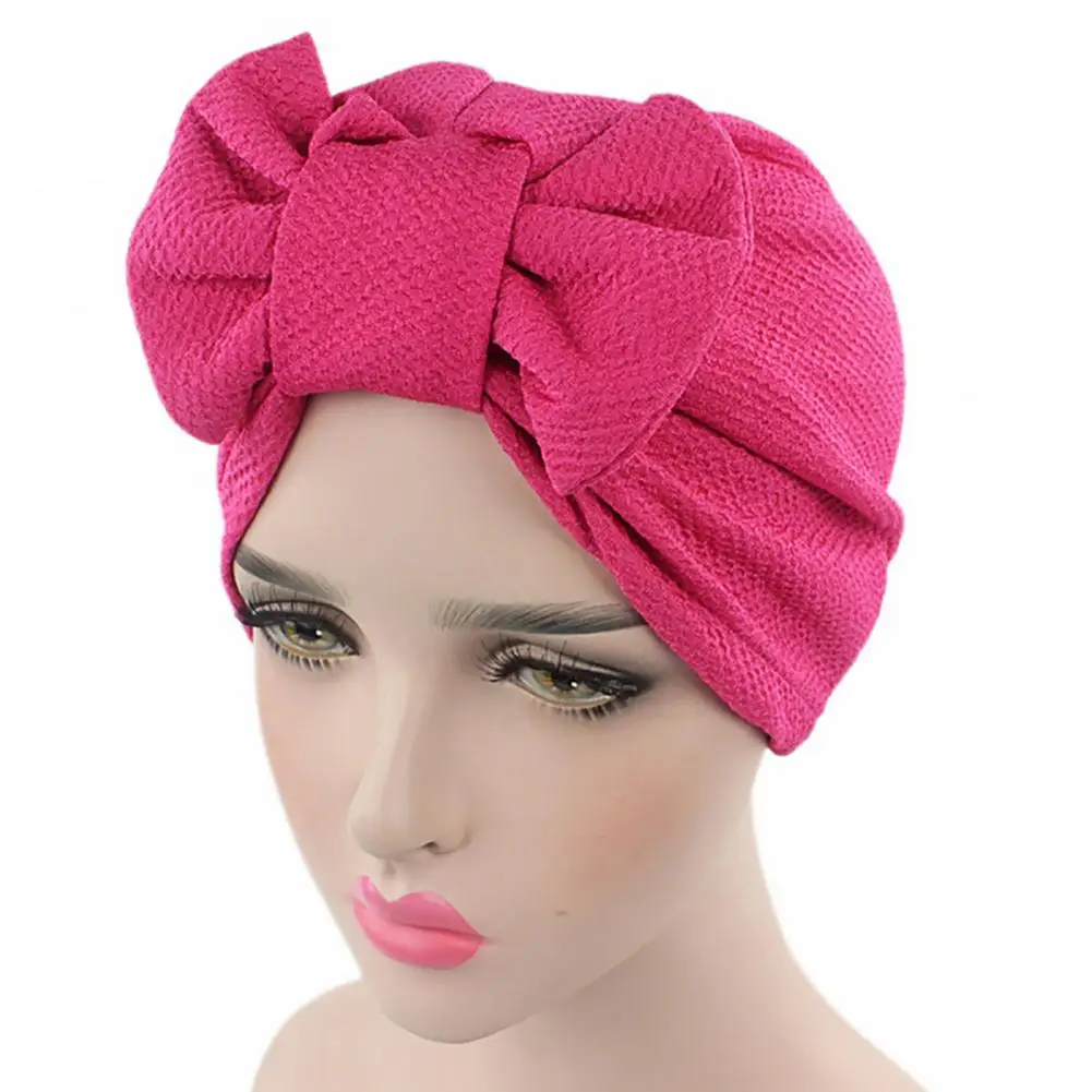 Muslim Solid Bonnet Womens Big Bowknot Stretch Hijab Turban Hat Scarf Headwear Cap Head Wrap Chemo Beanies Bows Hair Accessories
