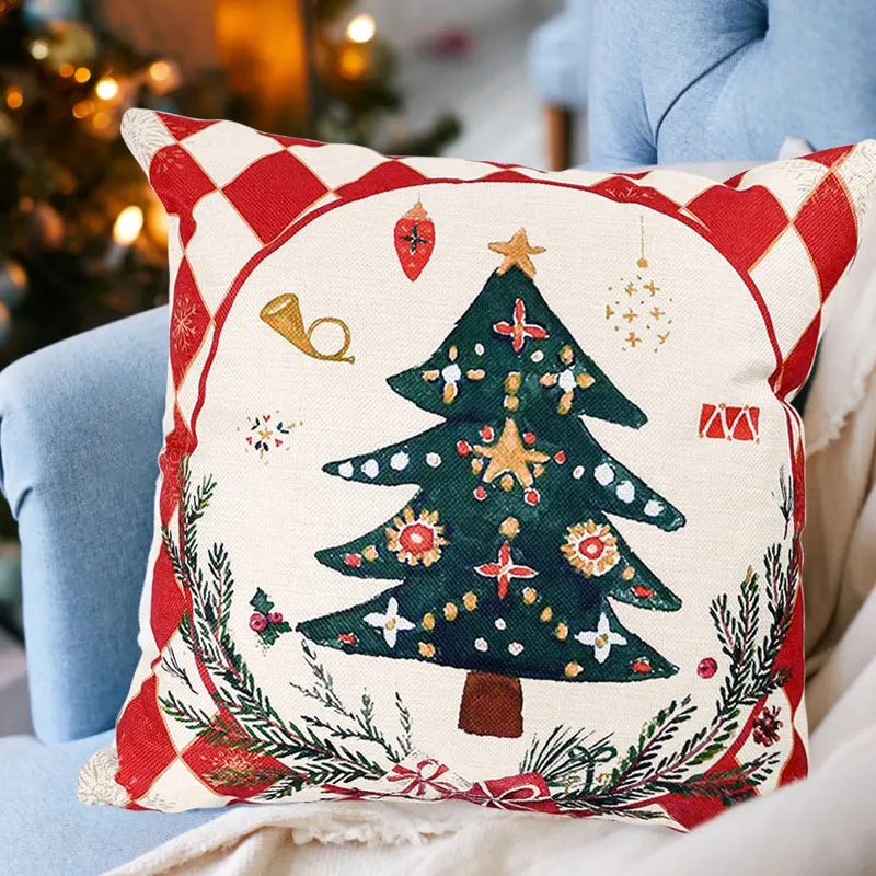 Festive Merry Christmas Linen Cushion Cover - Decorative Holiday Pillow